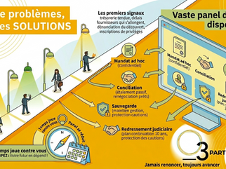Infographie O3 Partners sur la restructuration d'entreprise intitulée "Pas de problèmes, que des solutions". Un graphique linéaire montre que le panel d'outils se réduit et que le temps joue contre vous à mesure que les premiers signaux s'aggravent (trésorerie tendue, délais fournisseurs, dénonciation du découvert, inscriptions de privilèges). Un écran d'ordinateur liste le vaste panel d'outils disponibles : Mandat ad hoc confidentiel, Conciliation avec étalement du passif et renégociation des prêts, Sauvegarde avec maintien de la gestion et protection des cautions, et Redressement judiciaire avec plan de continuation sur 10 ans et protection des cautions. En bas à droite, le logo officiel O3 Partners avec la devise "Jamais renoncer, toujours avancer