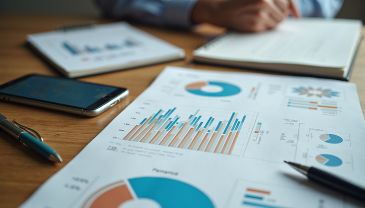 Vista aérea de uma carteira de investimentos diversificada com gráficos e cadernos ao redor