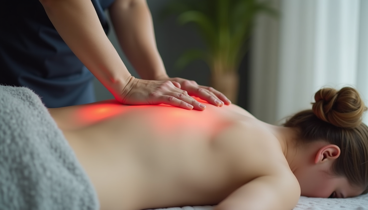 Eye-level view of a massage therapist applying deep tissue massage to a person's lower back