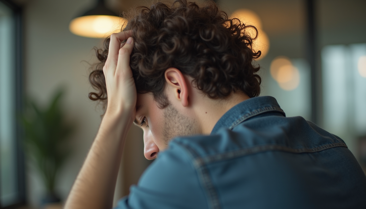 Close-up view of a person holding their head in a room with blurred background