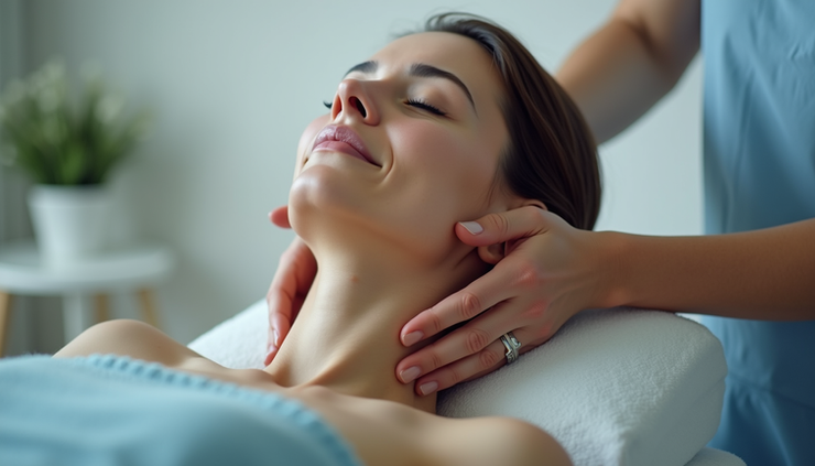 Close-up view of a therapist performing gentle neck massage on a seated patient