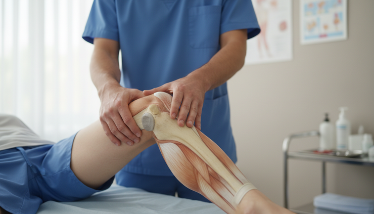 Eye-level view of a clinician assessing a bent knee on a treatment table.