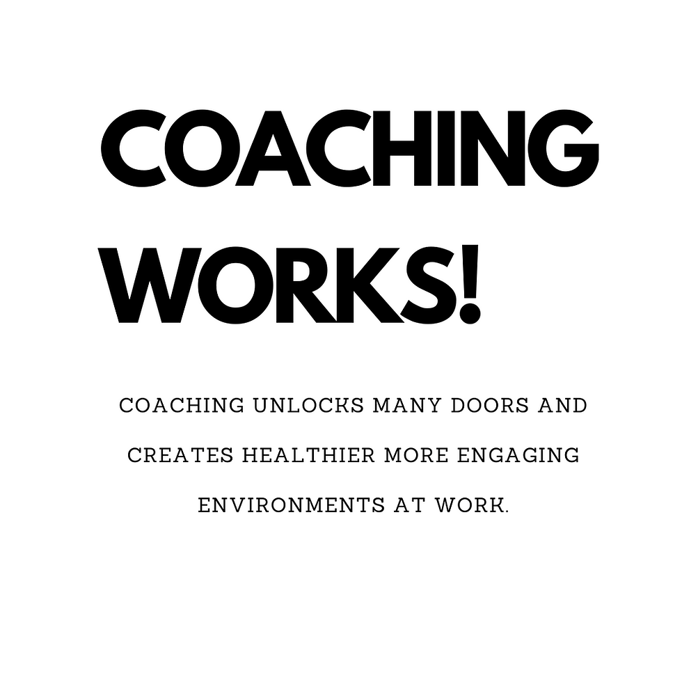 Text reading "COACHING WORKS!" in bold, with smaller text below stating how coaching improves workplace environments. Simple white background.