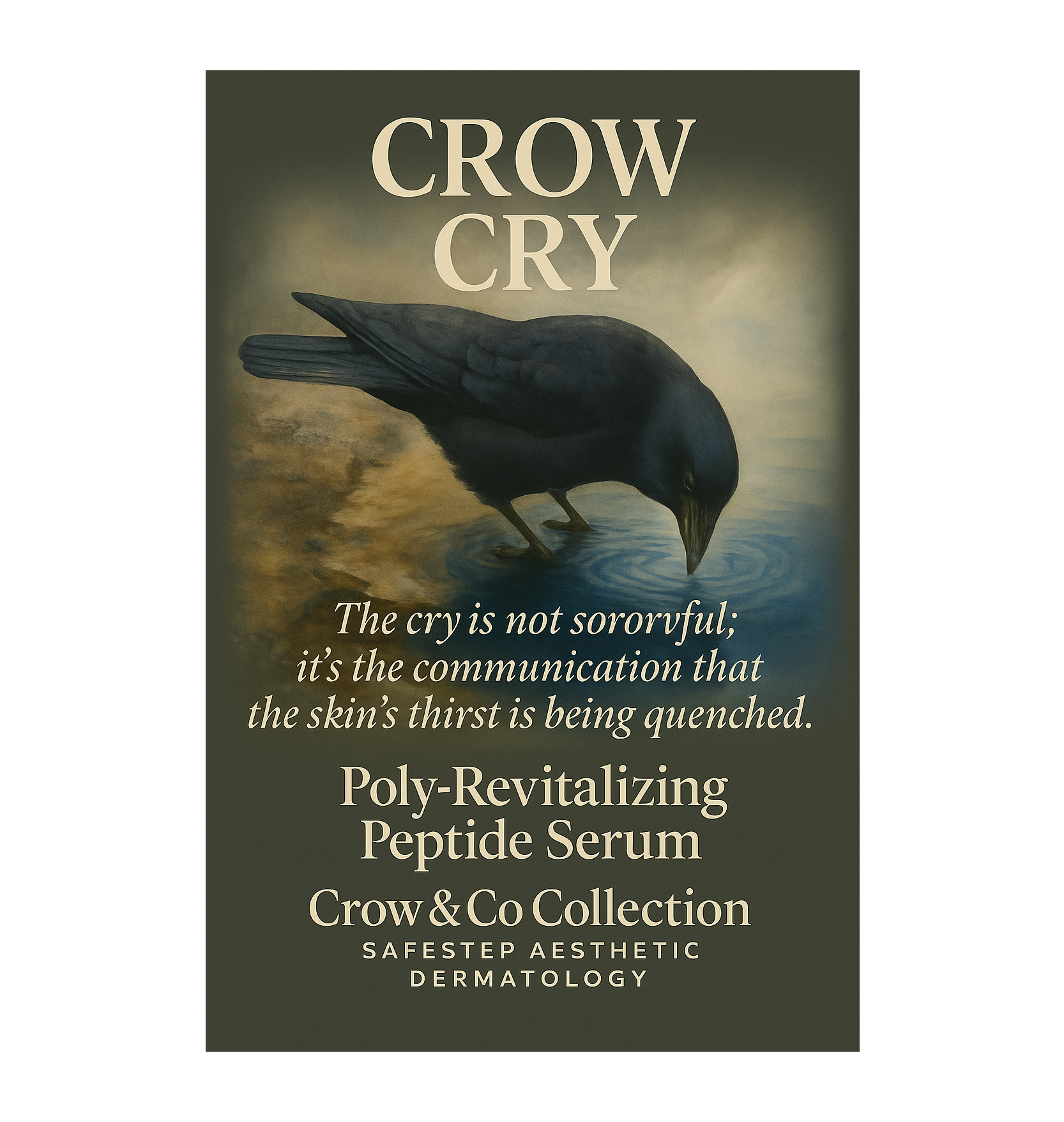 Crow Cry™ Poly-Revitalizing Peptide Serum artwork featuring a crow drinking water, Crow & Co Collection by SafeStep Aesthetic