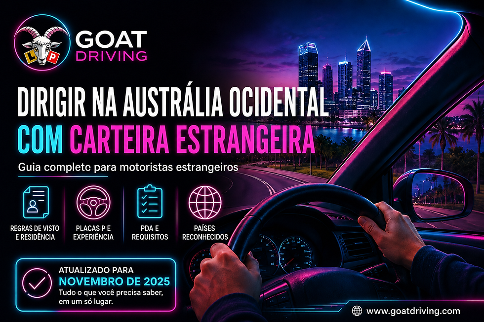 Motorista dirigindo por Perth com o logotipo da GOAT Driving e um guia para dirigir na Austrália Ocidental com uma carteira de habilitação estrangeira.