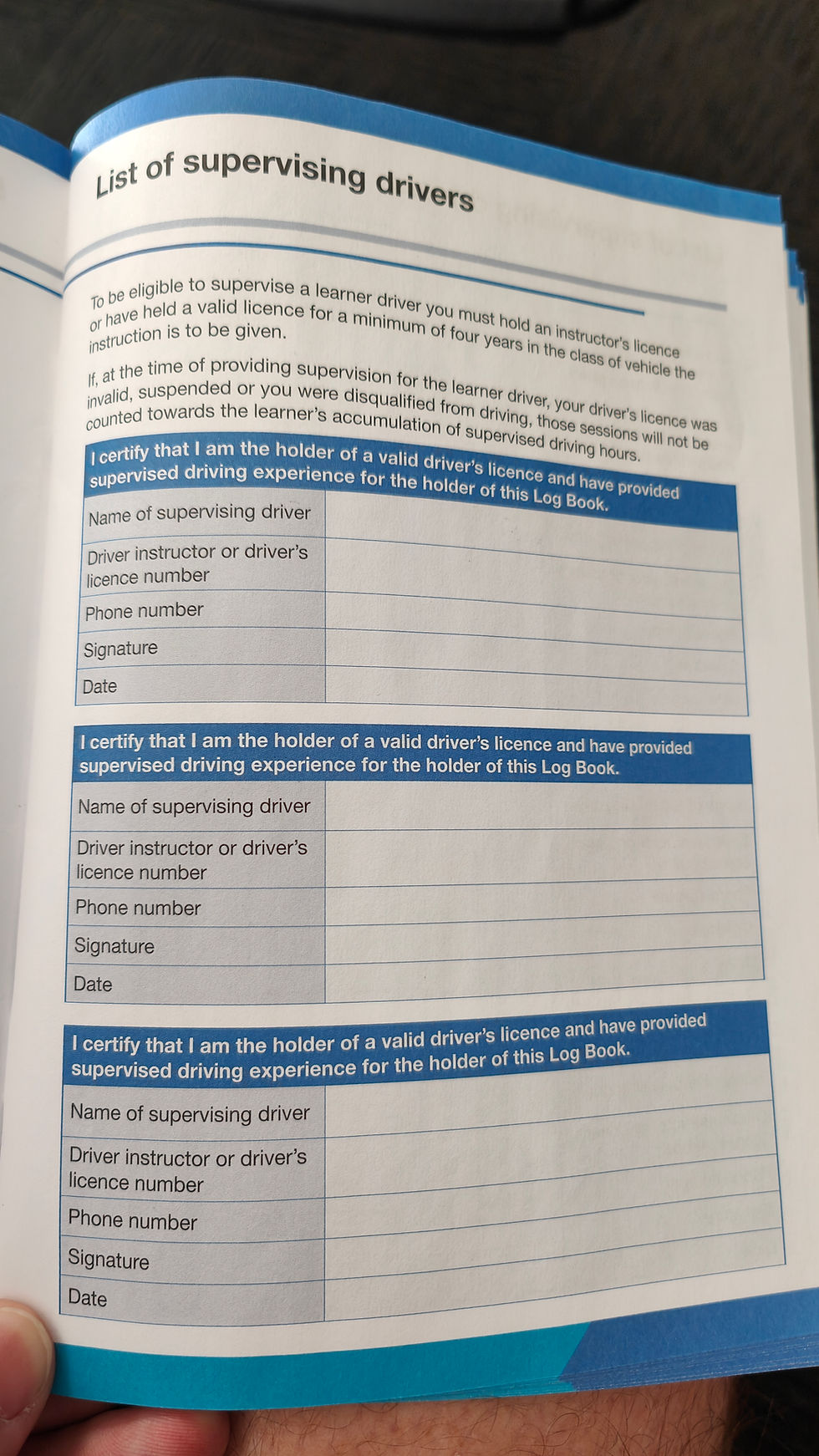 Example of the WA learner logbook page where supervising drivers record their details, licence number and signature before supervising a learner driver.