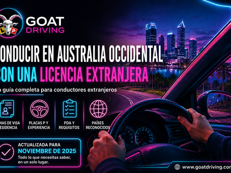Conductor recorriendo Perth con el logotipo de GOAT Driving y una guía para conducir en Australia Occidental con una licencia extranjera.
