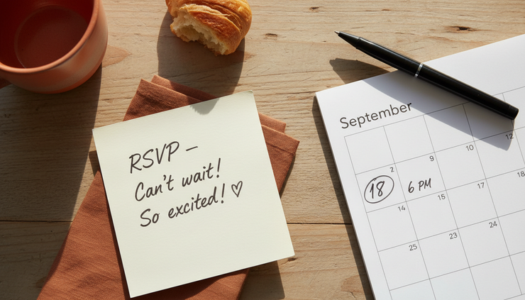 Overhead view of a handwritten RSVP note beside a calendar marked September 18.