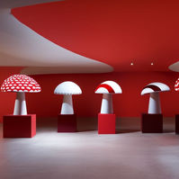 a room full of red and white mushrooms, a surrealist sculpture, tumblr, concept art, 2020,