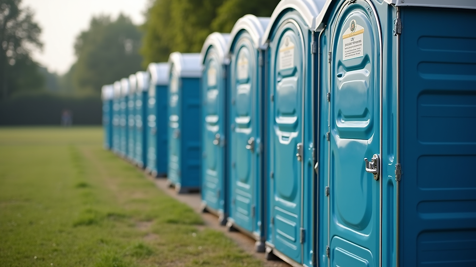 Eye-level view of a row of clean portable toilets lined up outdoors