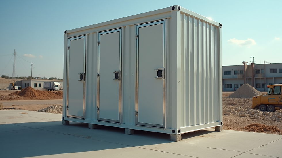 Eye-level view of a clean portable restroom unit at a construction site