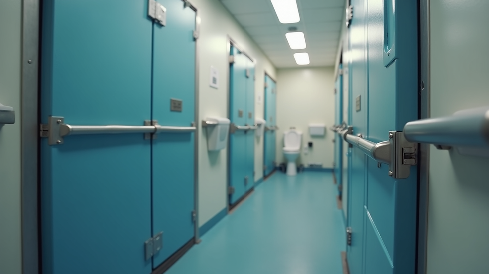 Close-up view of a clean ADA-compliant portable toilet with handrails