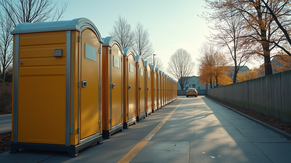 Wide angle view of portable restroom units lined up for delivery