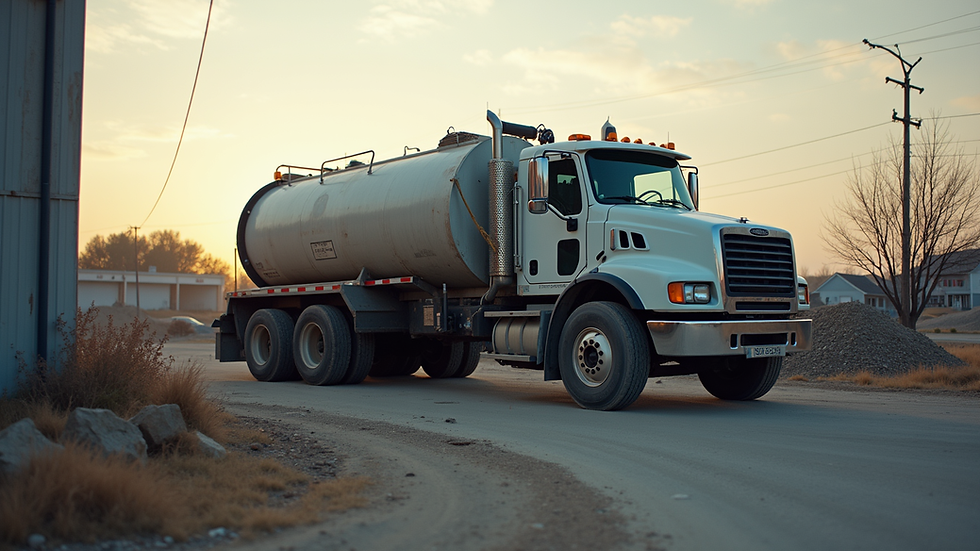 Eye-level view of a septic tank pumping truck parked at a construction site