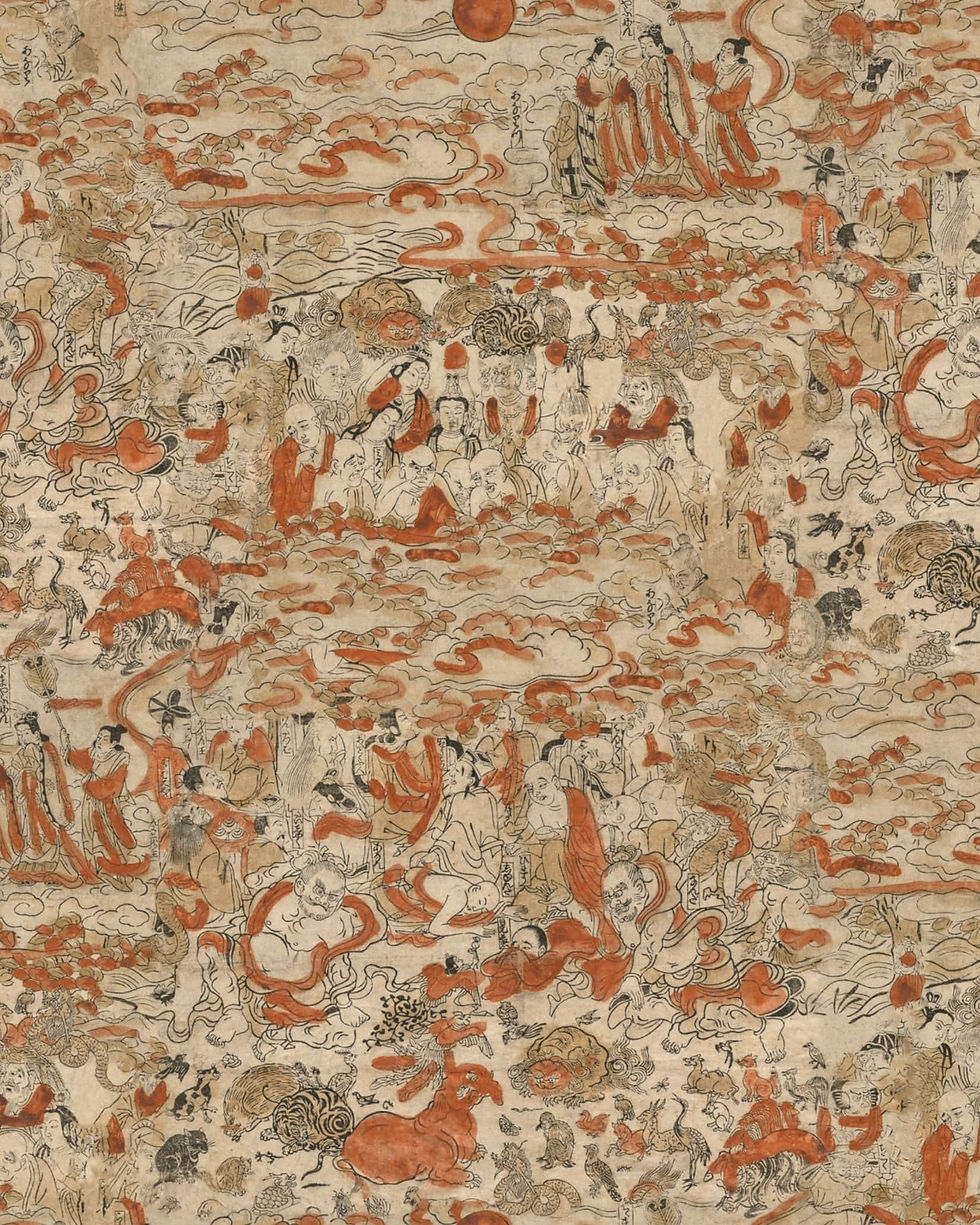 Spiritual Journey Wandtapete von Mind the Gap, asiatische Zeichnungen von Männern auf einem beige-orangenen Hintergrund