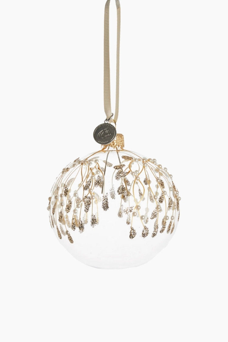 Thumbnail: Transparente Weihnachtskugel aus Glas mit Blättermotiven in Gold, H 8 cm