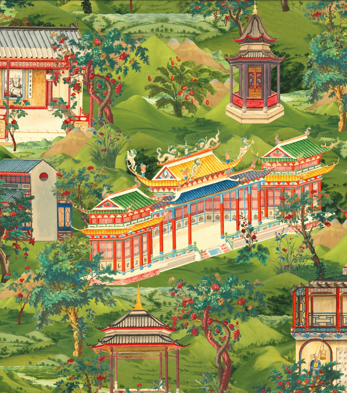 Wandtapete in Grün mit illustrierter asiatischer Landschaft