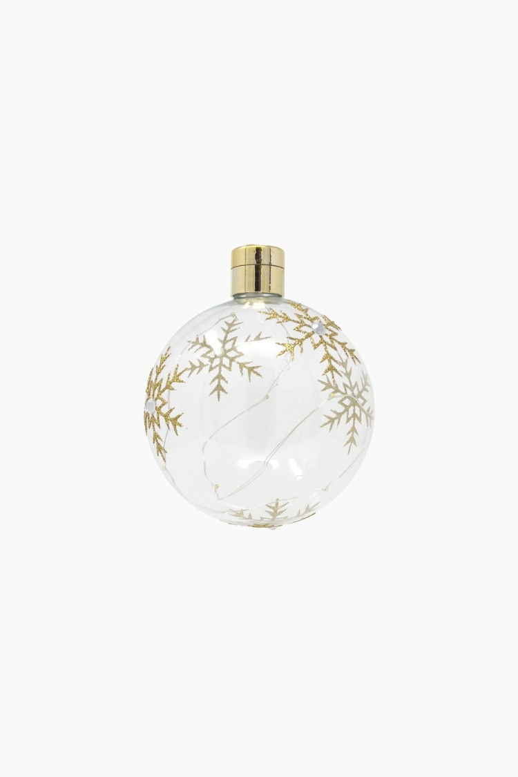 Weihnachtskugel aus transparentem Glas mit goldenen Verzierungen & einer Lichterkette im Inneren, L 15 cm
