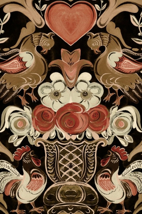 Miniaturbild: Folklore-Wandtapete mit einer Henne und einem Hahn