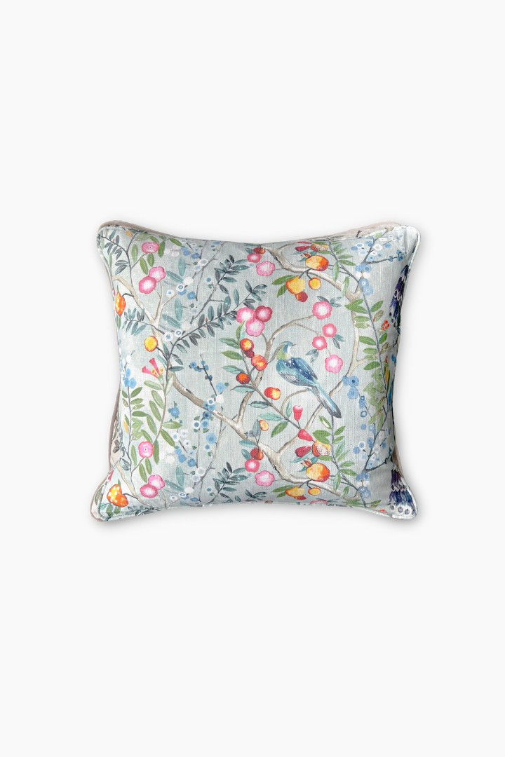 Blauer Kissenbezug aus 100% Baumwolle 50x50cm, florales Muster, Vögel und Blumen