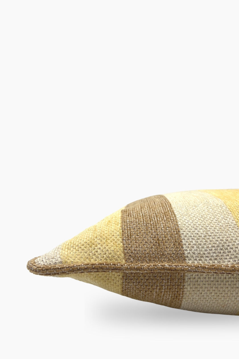 Thumbnail: Gestreifter Kissenbezug in Beige, Gelb, Braun mit brauner Kederumrandung, Made in Austria, 50x50 cm