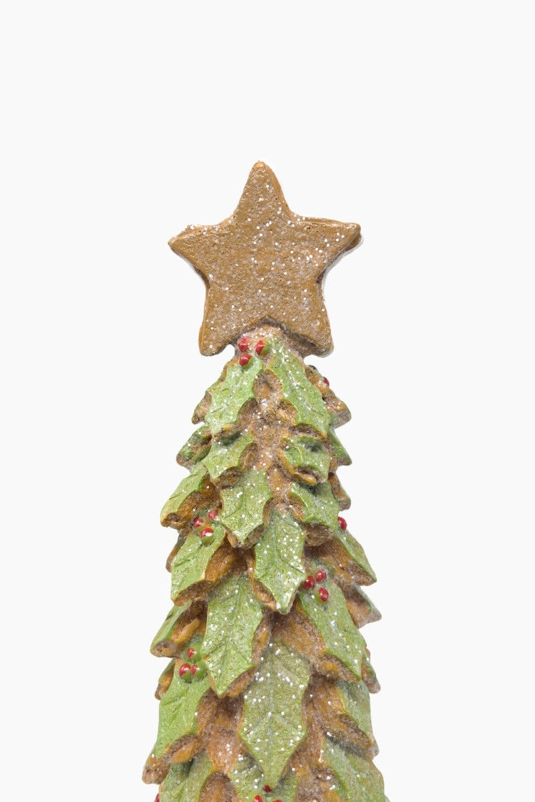 Weihnachtliche Deko-Skulptur in Form eines grün-braunen Lebkuchen-Tannenbaums, 42.5x11 cm