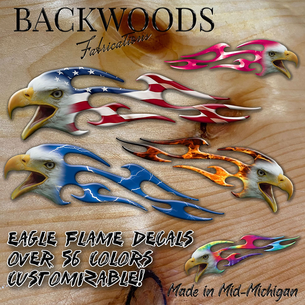 Screaming American Bald Eagle Flame Decals in 56 colors for motorcycle gas tank graphics, fairing, saddle bag, golf cart,