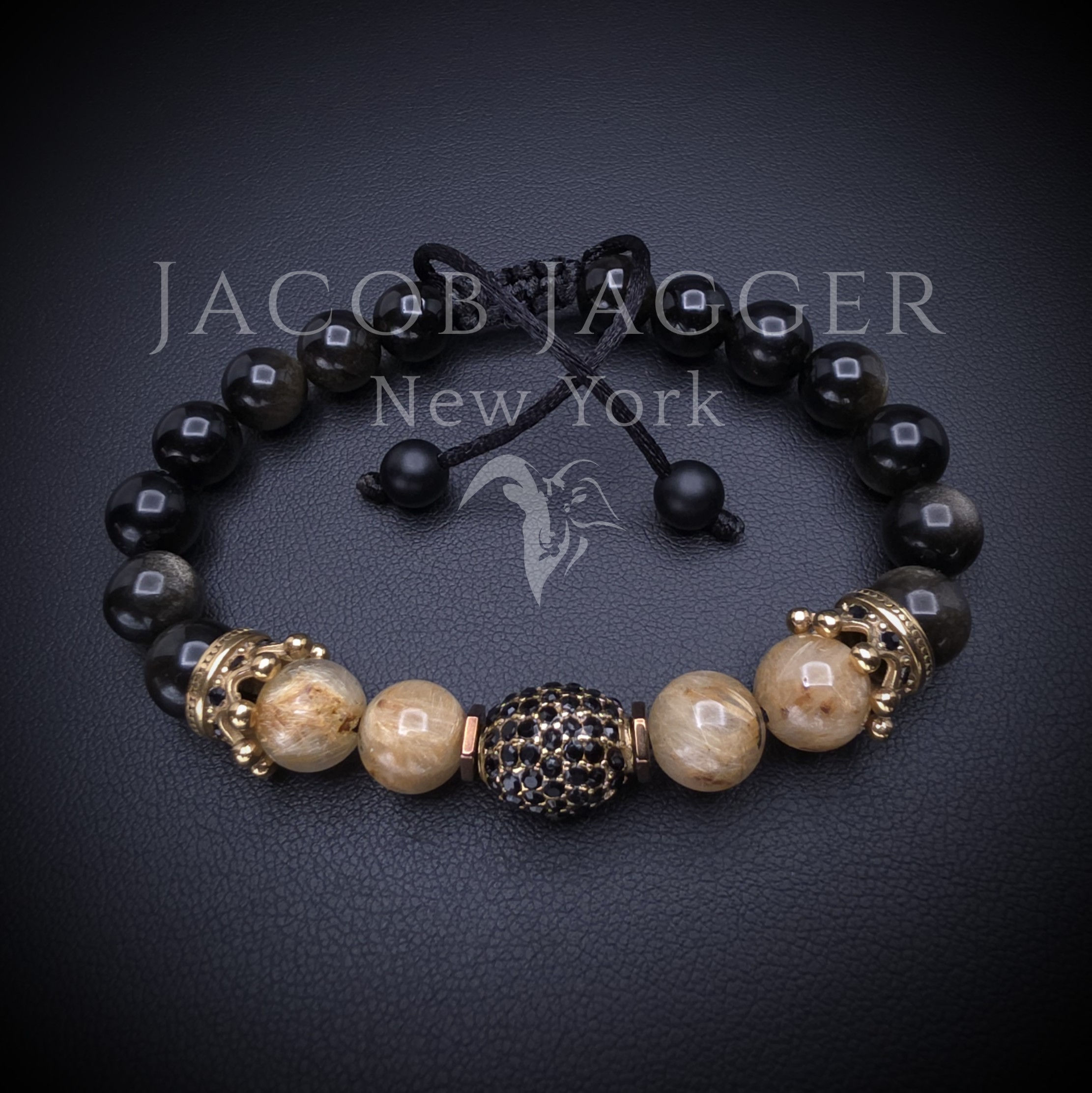 gold rutilated quartz and gold obsidian bracelet for men and women, non tarnish stainless steel crown charms. jacob jagger ny