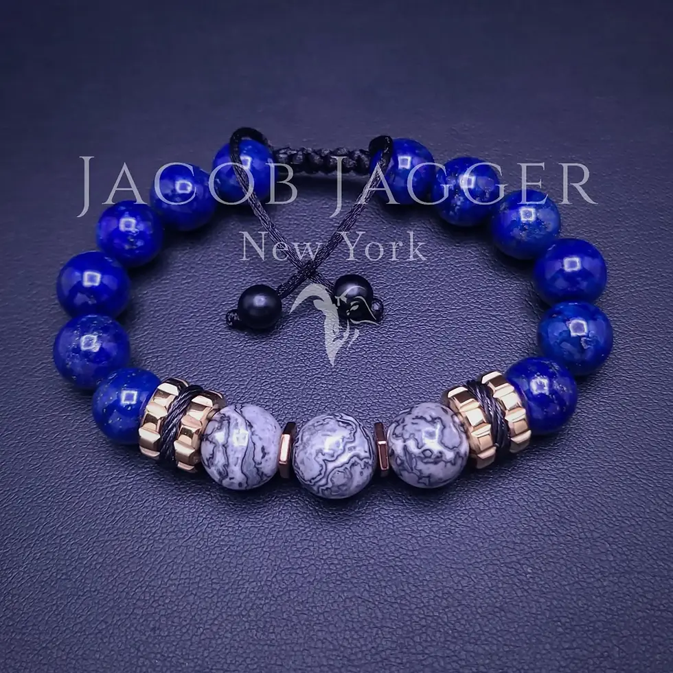 gray map jasper and lapis lazuli bracelet for men and women. Adjustable size with 10mm gemstones & gold stainless steel