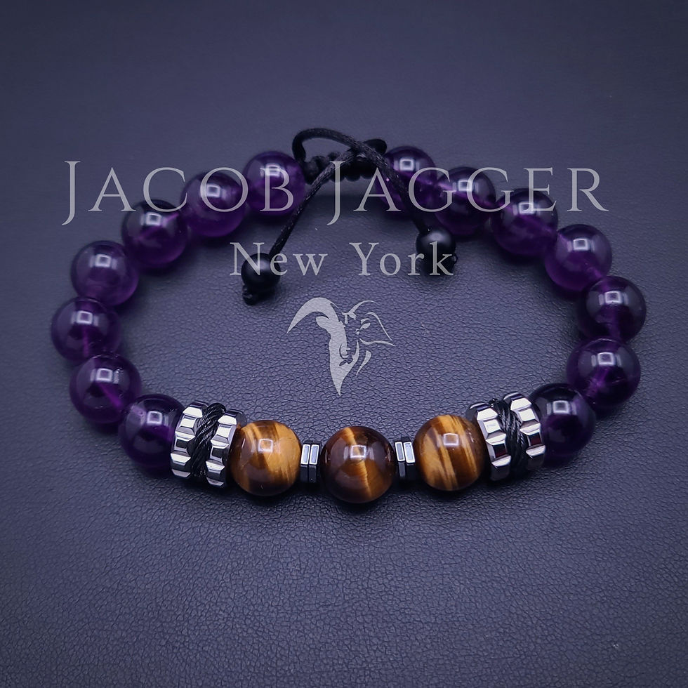 tigers eye and deep purple amethyst bracelet men or women in gold or silver stainless steel handmade on etsy.com jacob jagger