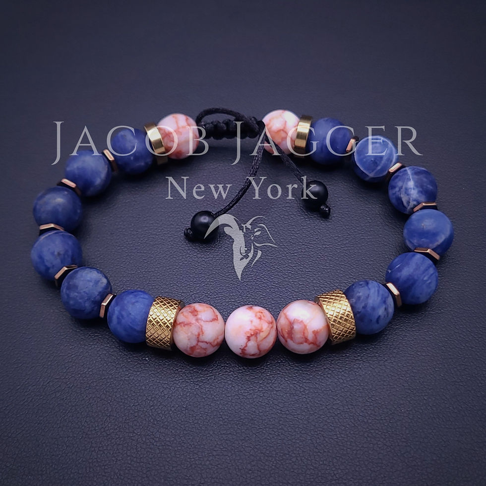 Thumbnail: red line jasper and matte sodalite bracelet men or women, handmade and adjustable size in gold or silver stainless steel