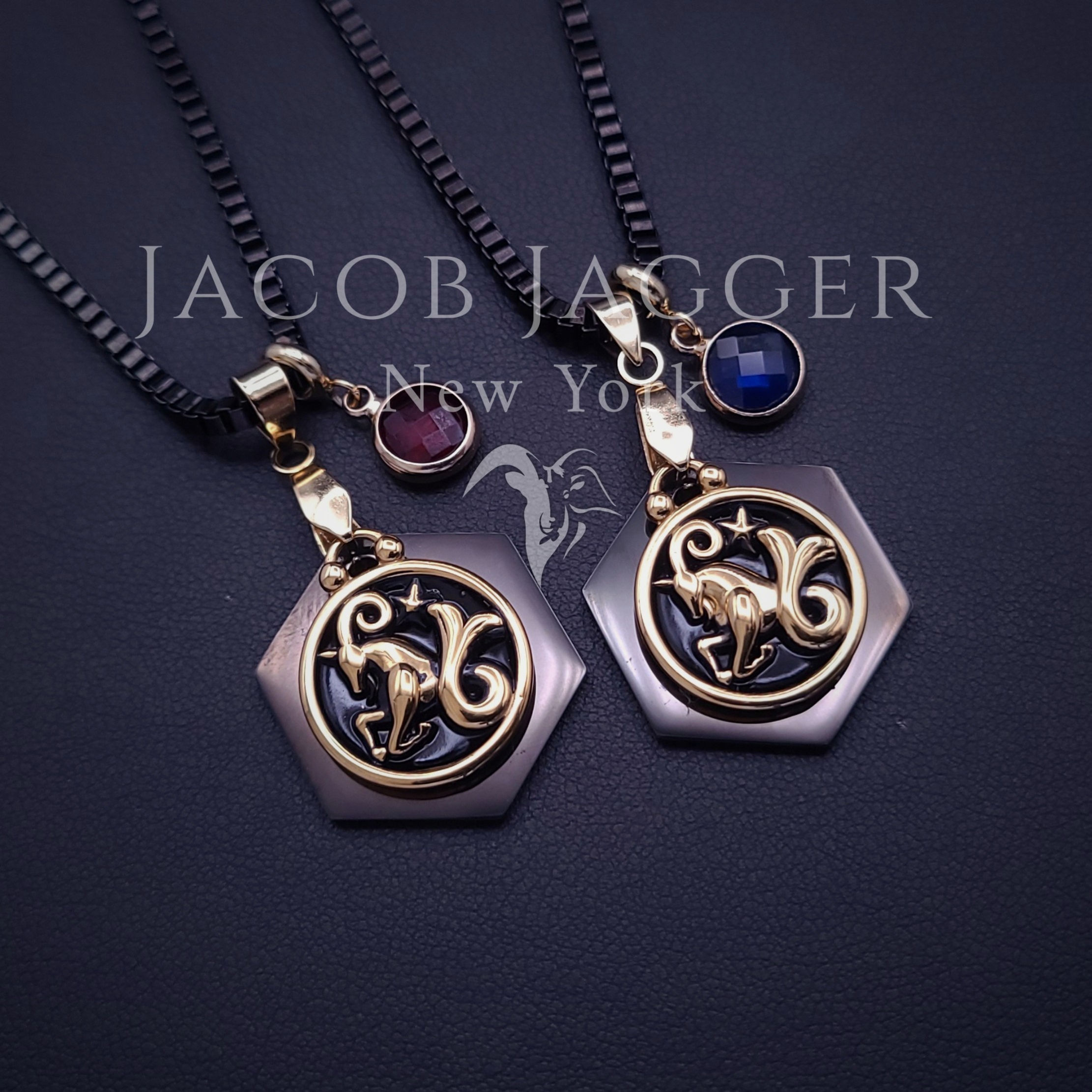 capricorn pendant necklace with birthstone charms for men and women. 22 inch length gold and black stainless steel from etsy.