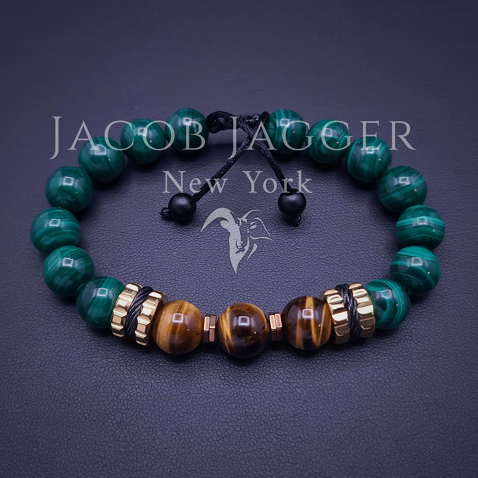 Thumbnail: tiger eye and malachite beaded bracelet for men or women. Adjustable size in silver or gold stainless steel charms