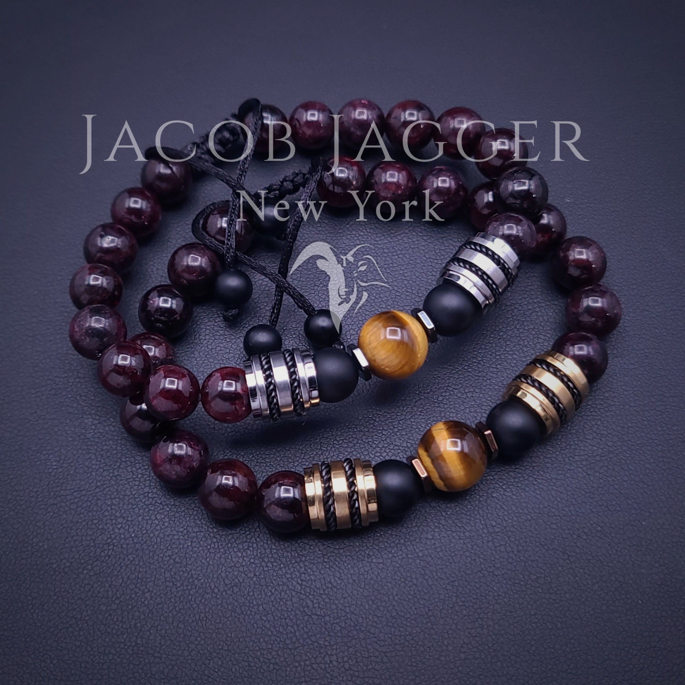deep red garnet and tiger's eye beaded bracelet for men and women in gold and silver tones from etsy.com