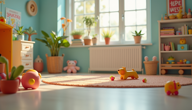 Habitación infantil luminosa con diversos juguetes y plantas.