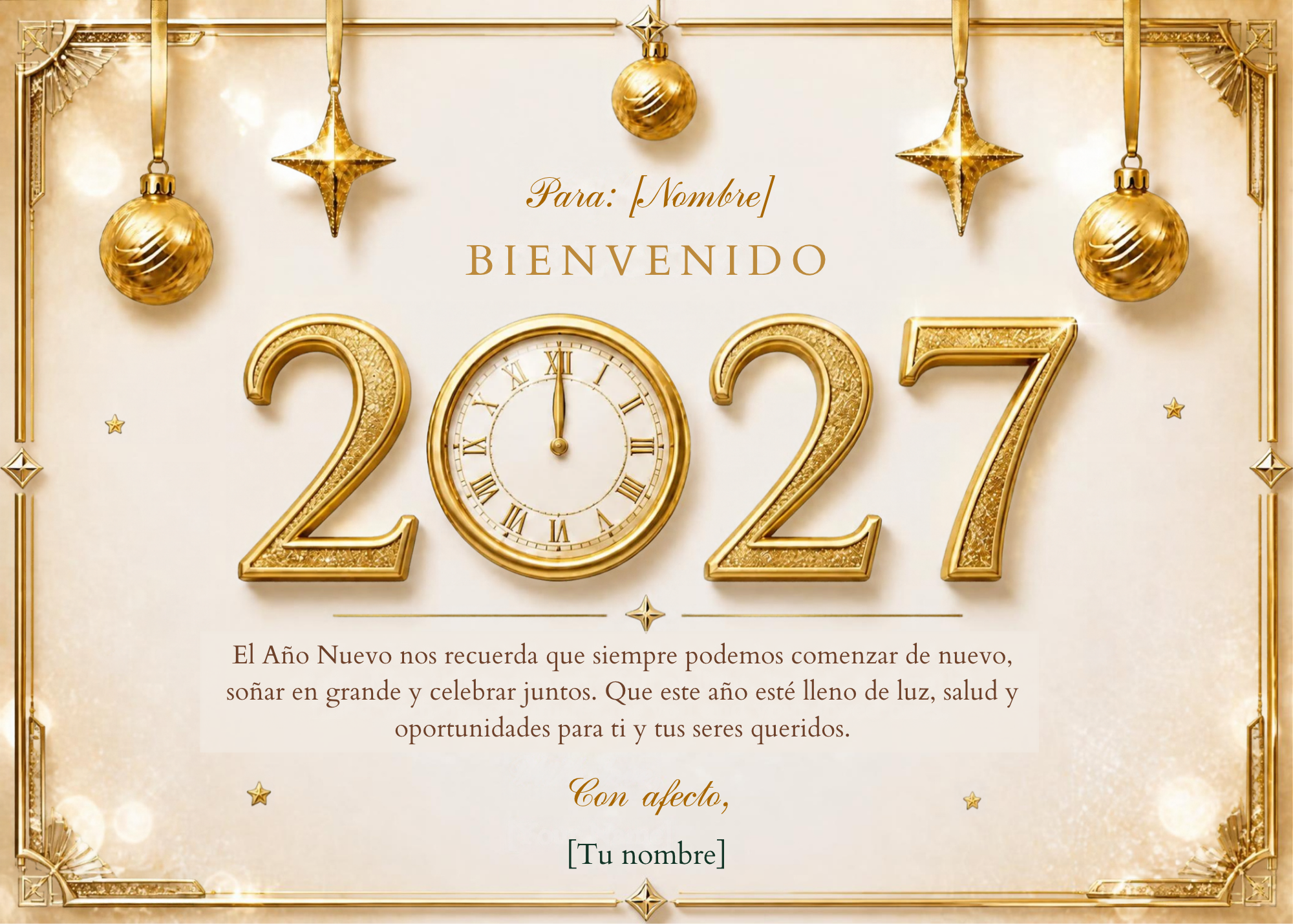 Tarjeta de Año Nuevo 2027 | Español e inglés | Canva editable