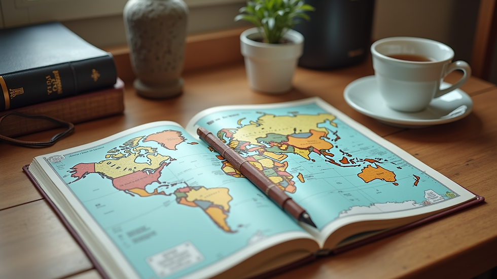 High angle view of a travel journal and map on a wooden desk