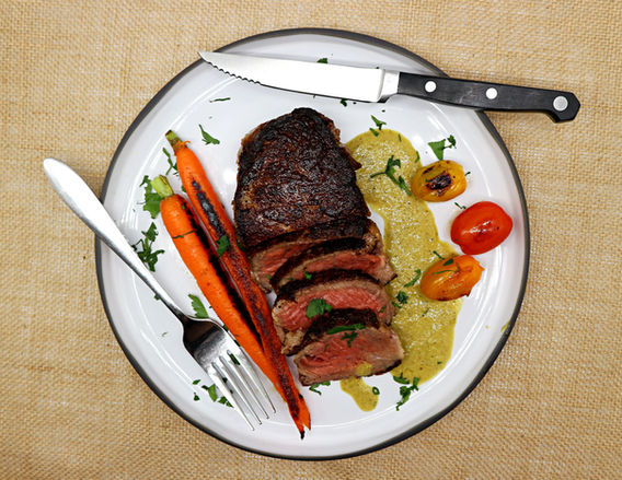 steak with veggies and roasted poblano & garlic