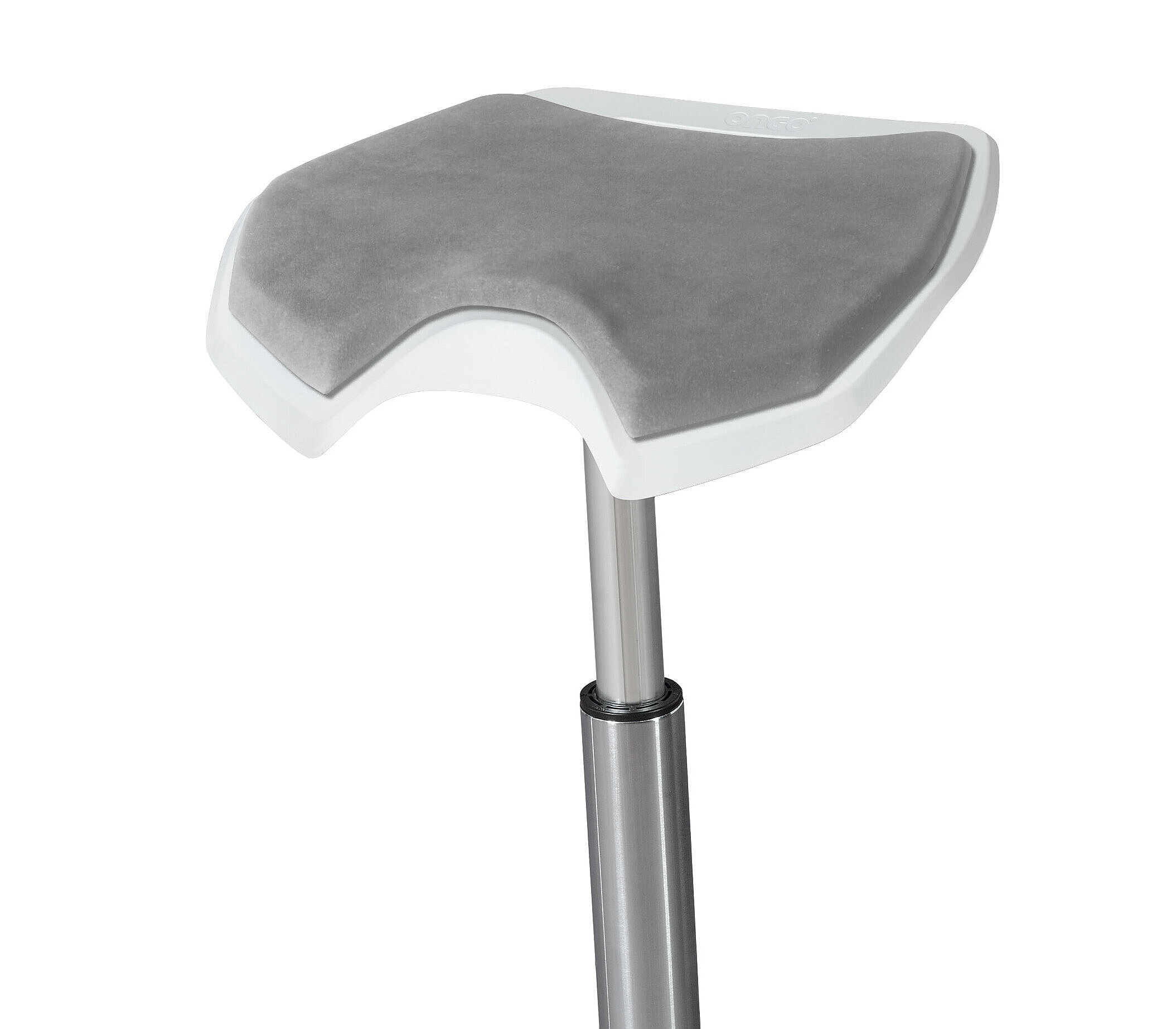 Ergonomische Sitzfläche des ONGO Stand mit grauem Polster, Detailansicht