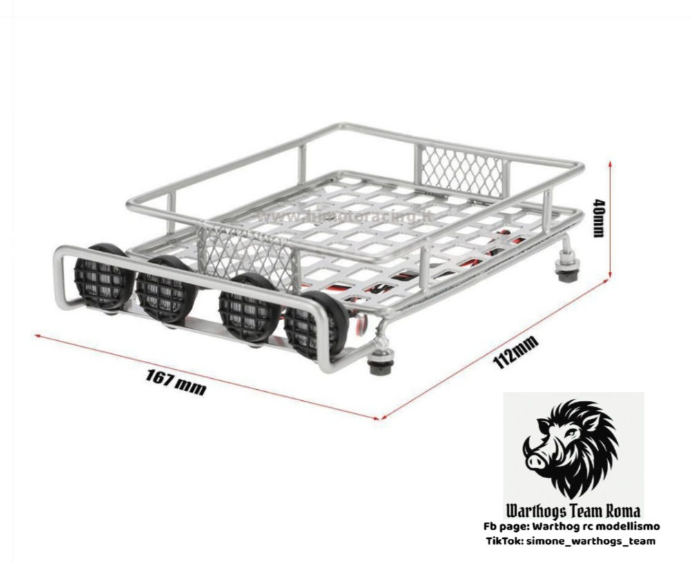 Portabagagli in metallo cromato per crawler 1/10 1/8 con 4 led luce bianca