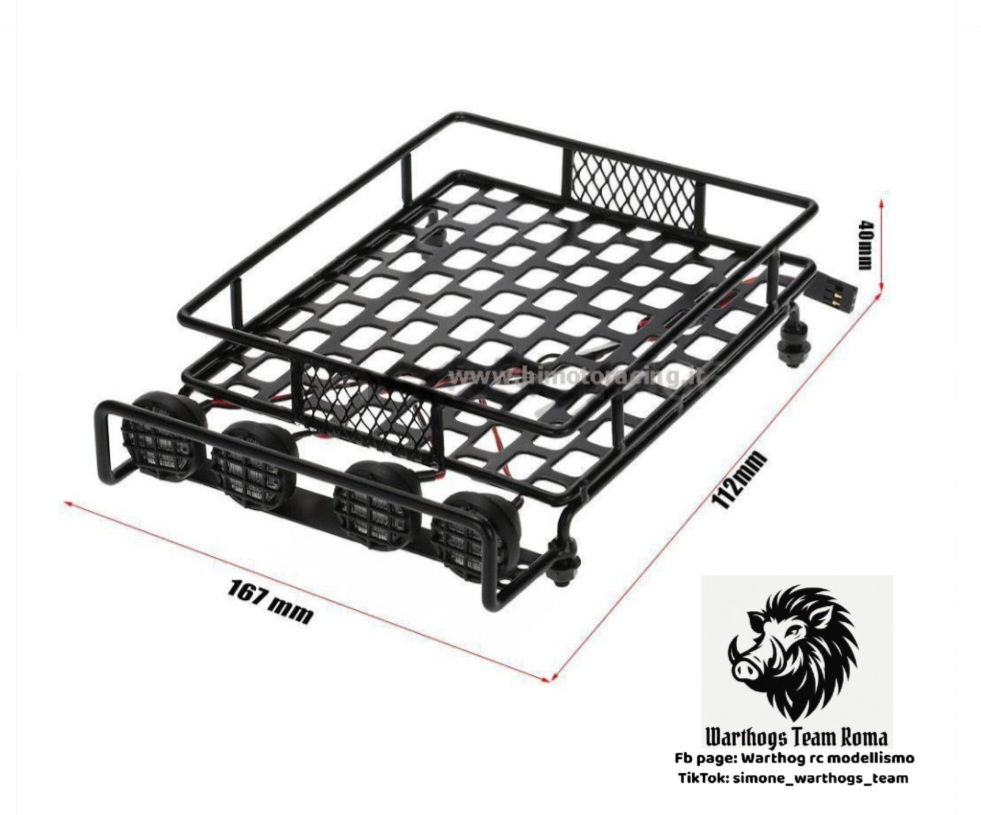 Portabagagli in metallo nero per crawler 1/10 1/8 con 4 led luce bianca