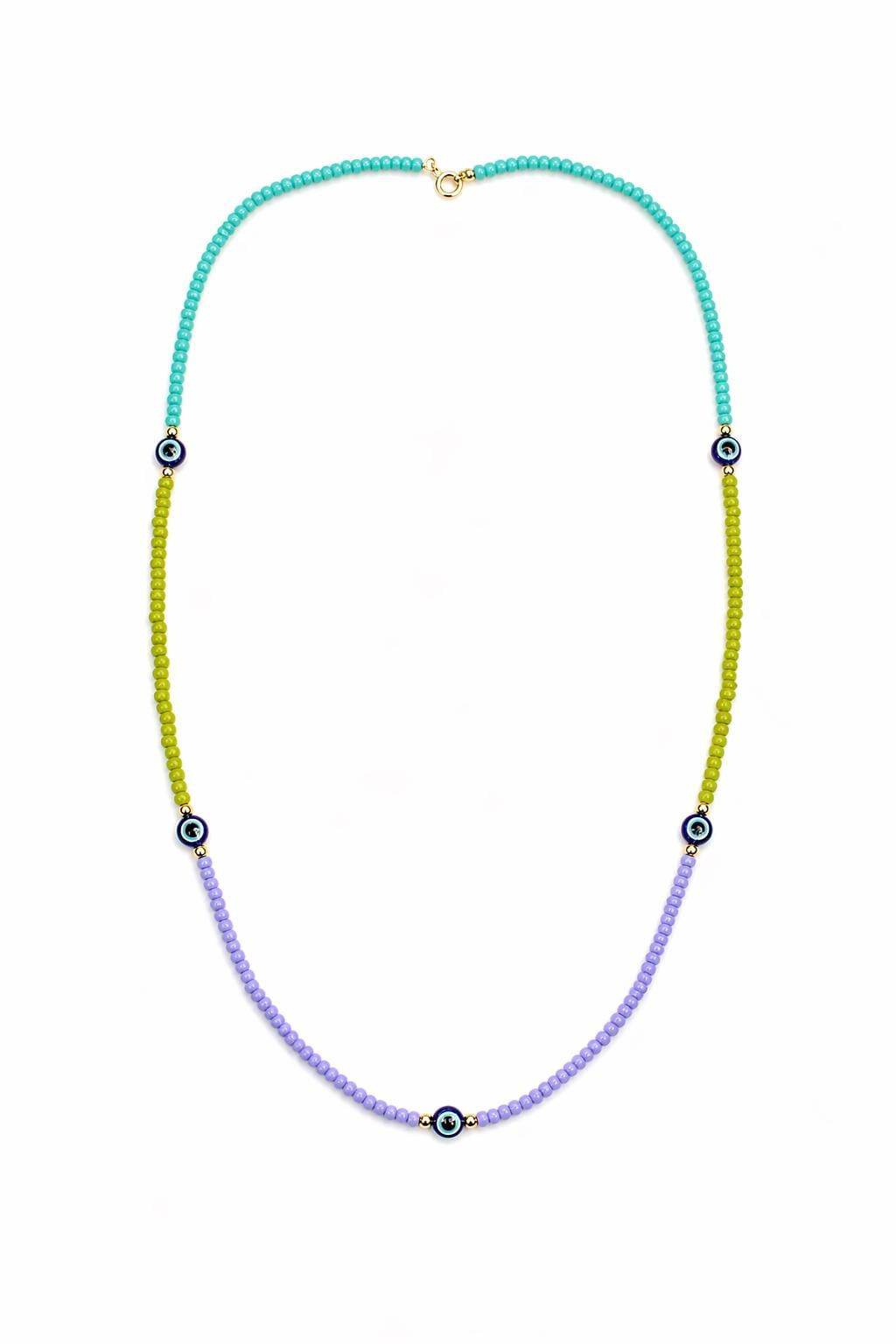 Color Block Beaded Evil Eye Necklace - Mint, Lime, Lavender Tones, Gold Clasp