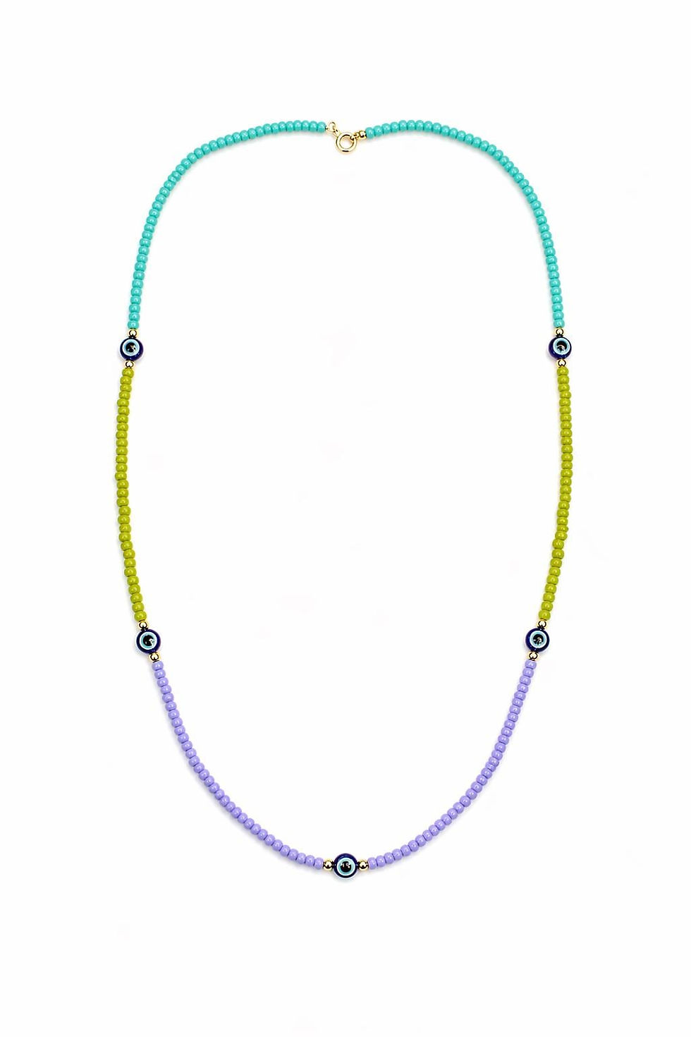 Color Block Beaded Evil Eye Necklace - Mint, Lime, Lavender Tones, Gold Clasp