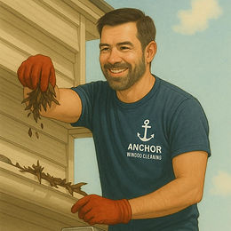 Man wearing anchor window cleaning shirt smiling cleaning out gutters on a ladder