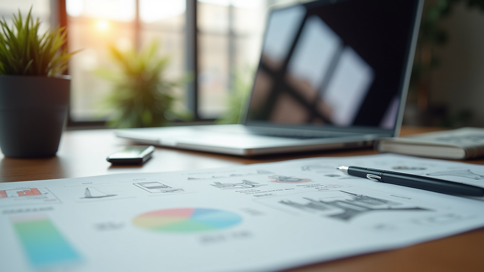 Eye-level view of a modern office desk with a laptop and design sketches