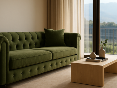 Close-up eines modernen Designer-Sofas im stilvoll eingerichteten Wohnraum