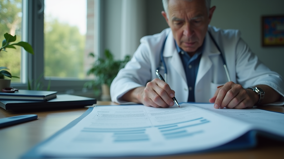 Eye-level view of a veteran reviewing medical documents at a desk