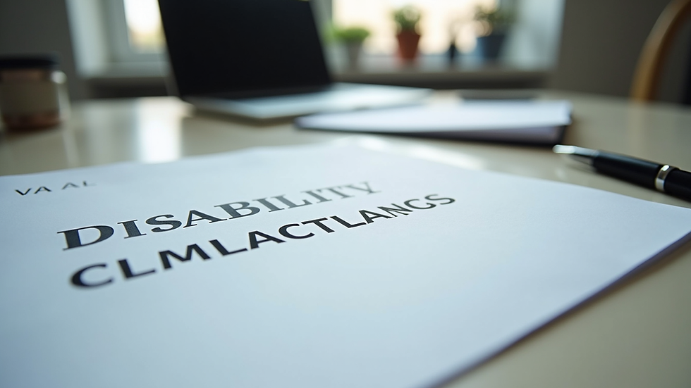 Eye-level view of a desk with VA disability claim documents and a pen