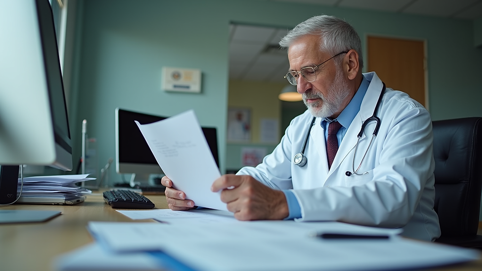 Eye-level view of a veteran reviewing medical documents at a desk