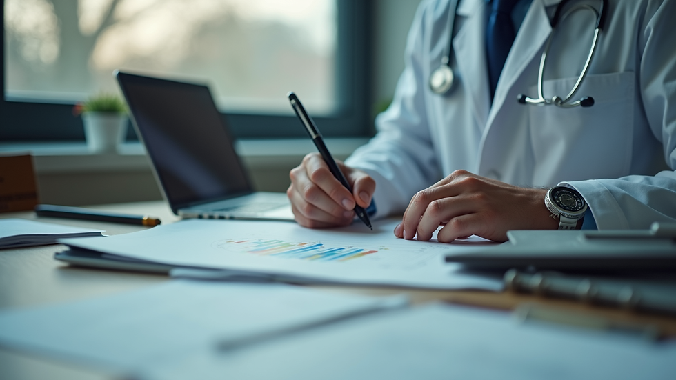 Eye-level view of a veteran reviewing medical records and notes at a desk
